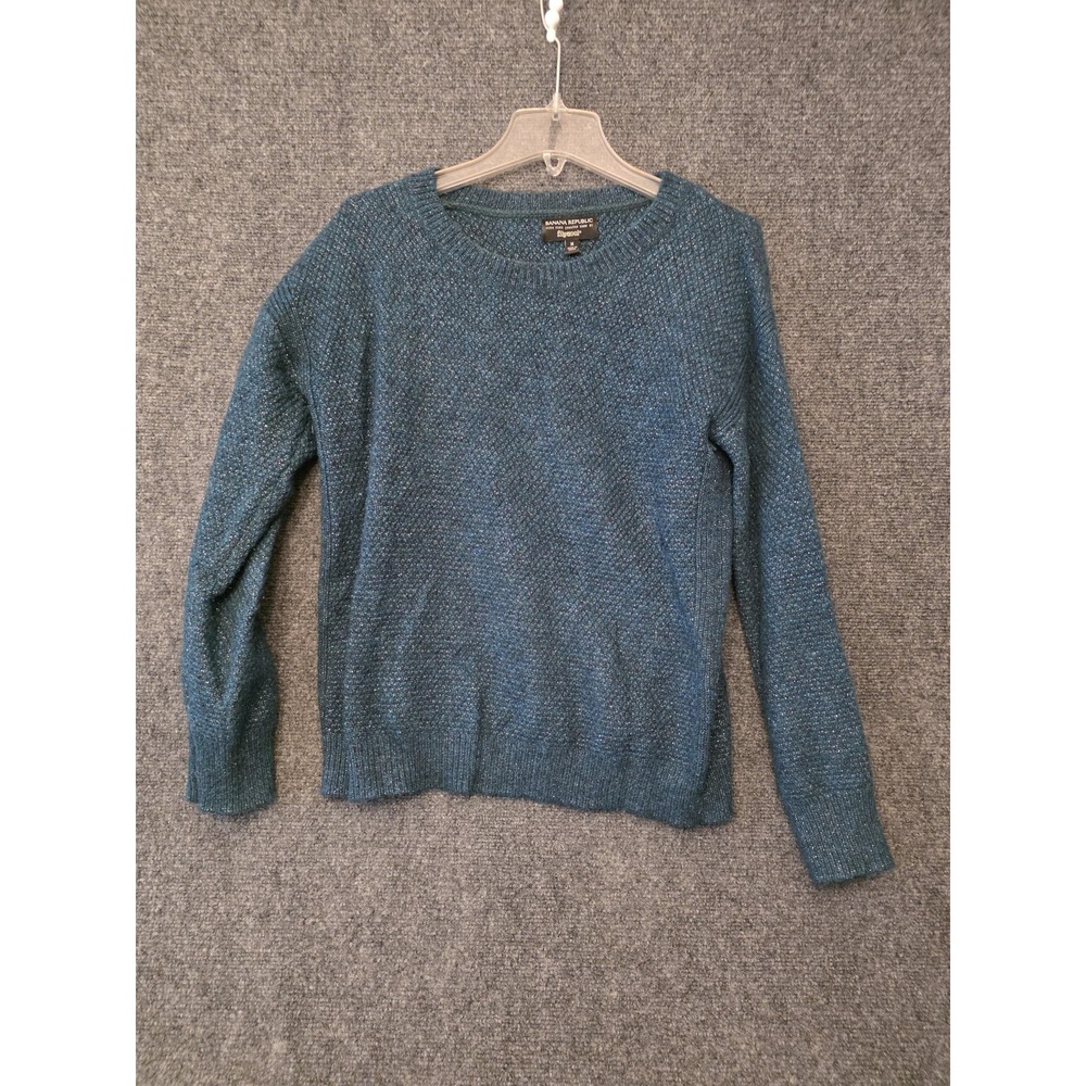 Banana Republic Sweater Womens M Green Metallic Wool Knit Crew Neck Pullover